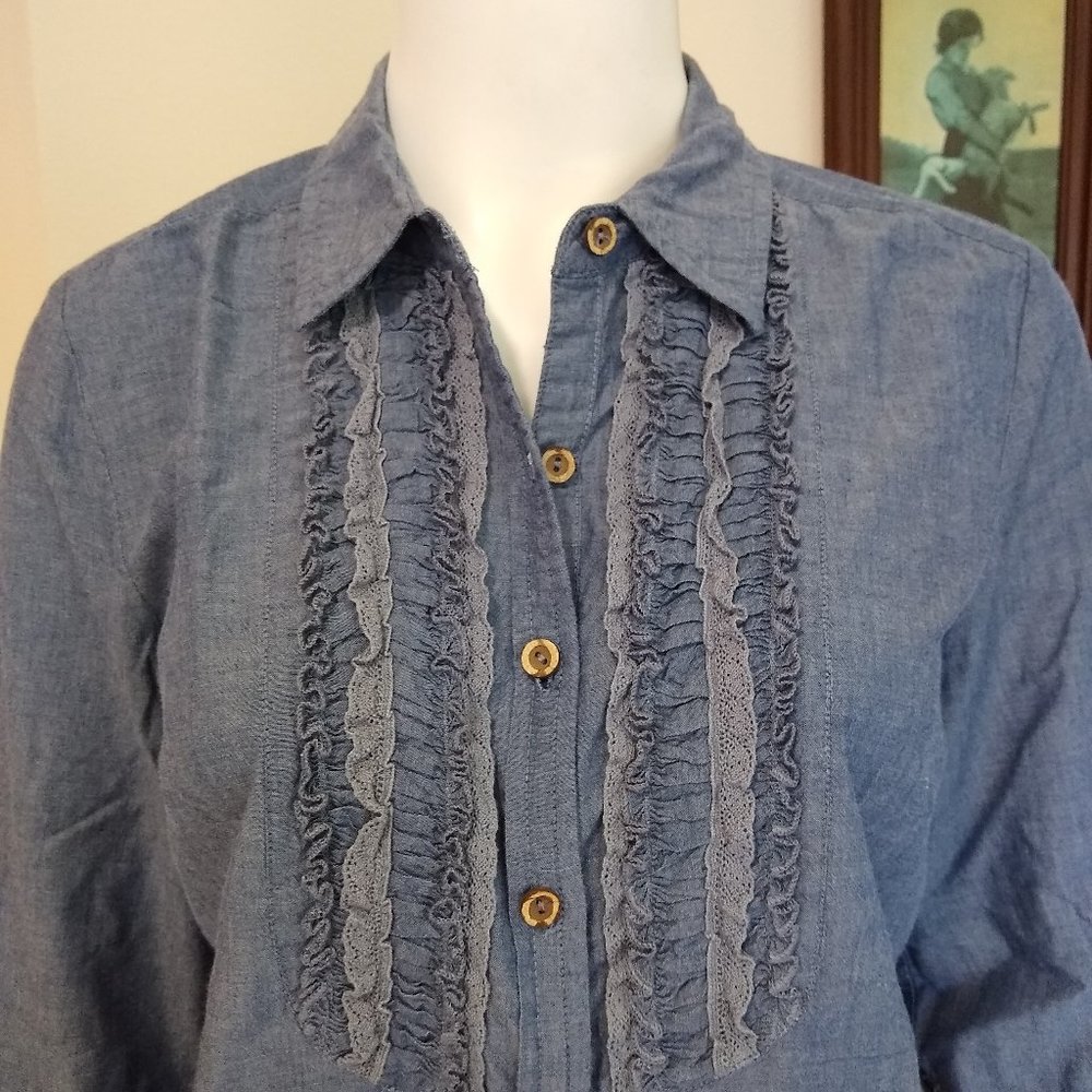 Country "denim" bib shirt w/ ruffled crochet trim